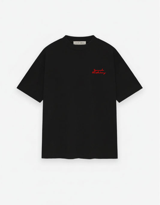 Black t-shirt with red text on a white background