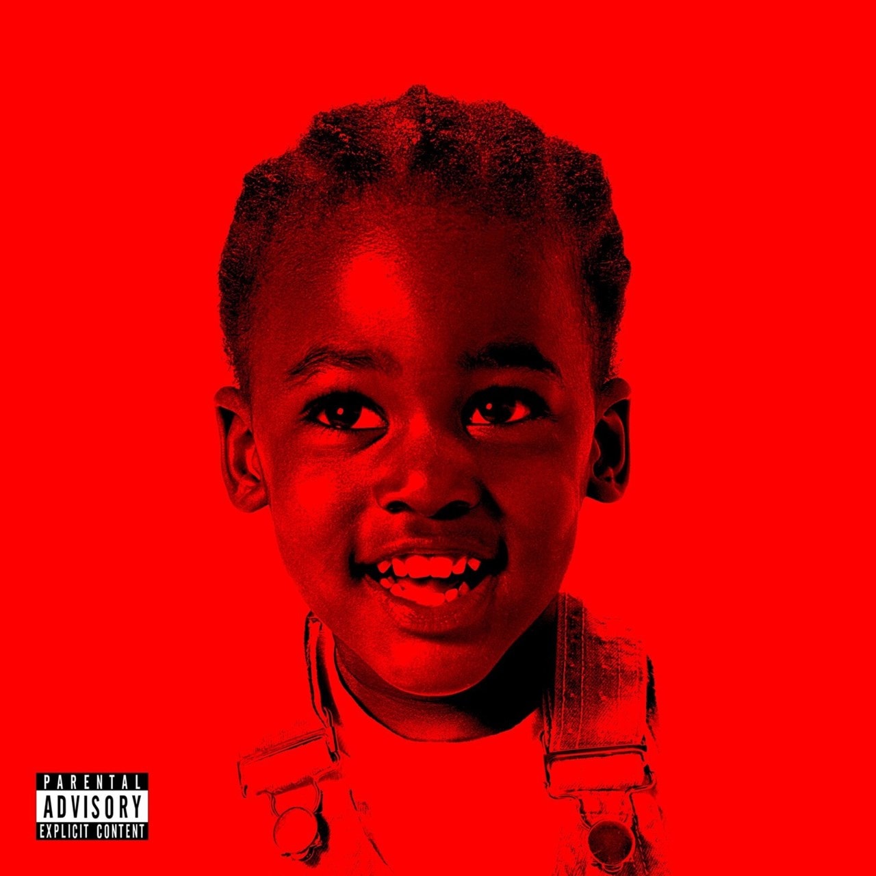 Album cover with a child's portrait on a red background, featuring a 'Parental Advisory' label.