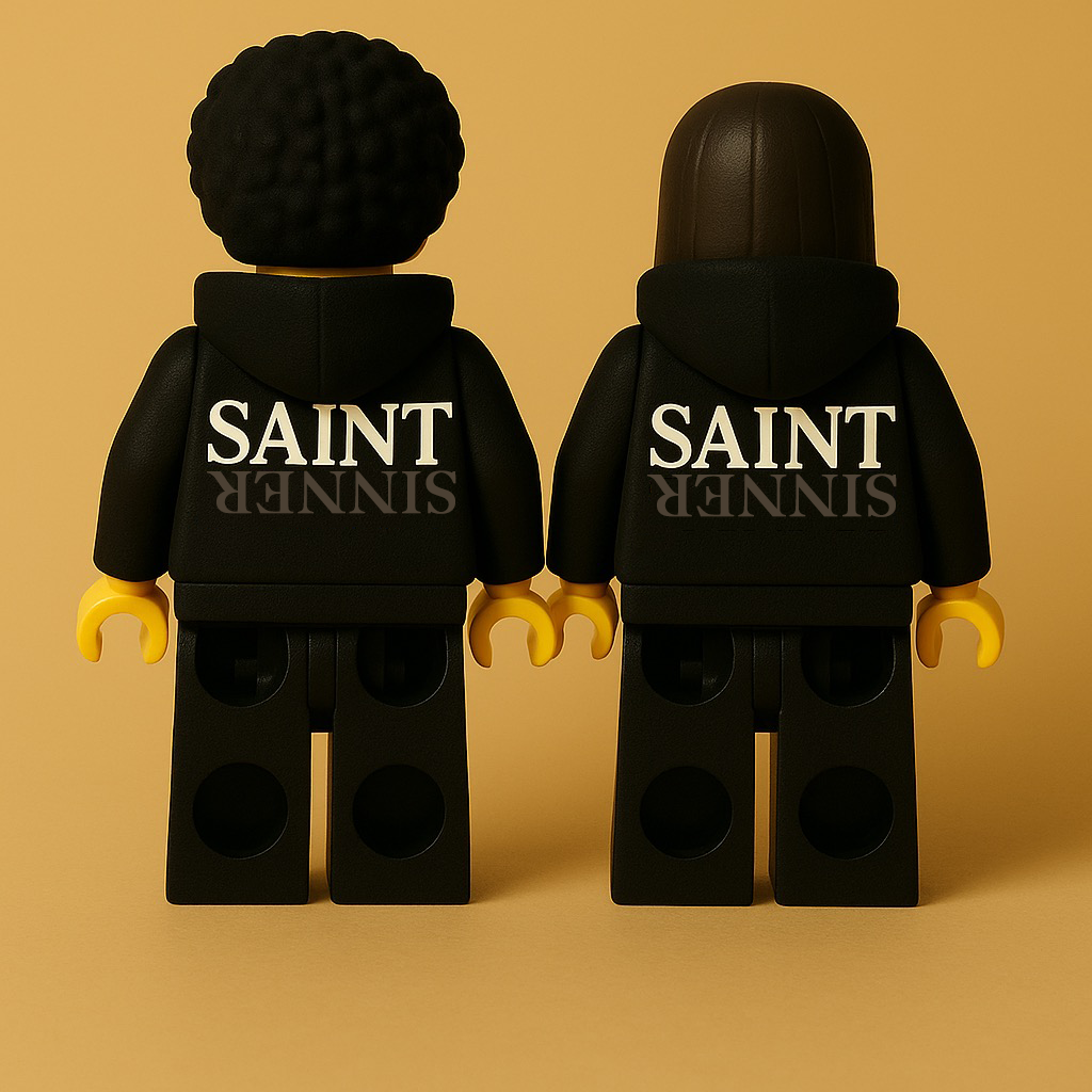 Two black LEGO figures with 'SAINT SINNERS' text on a beige background
