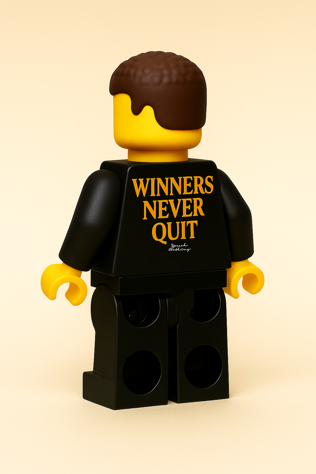 LEGO figure with 'WINNERS NEVER QUIT' text on a beige background
