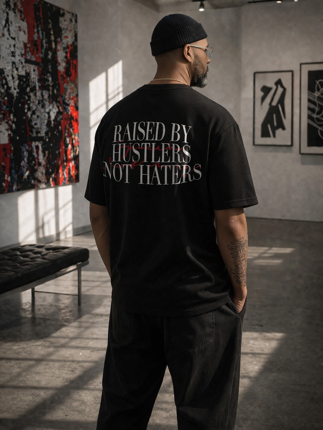 HUSTLER | 280 GSM heavyweight cotton · Oversized fit · Dropped shoulders