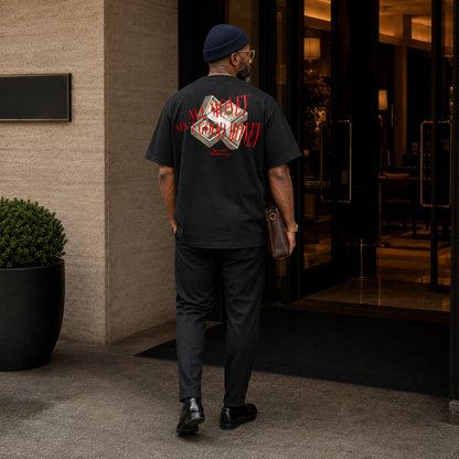A man viewed from behind walking toward hotel-style glass doors, wearing a black graphic T-shirt with a large red and white geometric print and text across the back, black pants, black shoes, and a navy beanie.