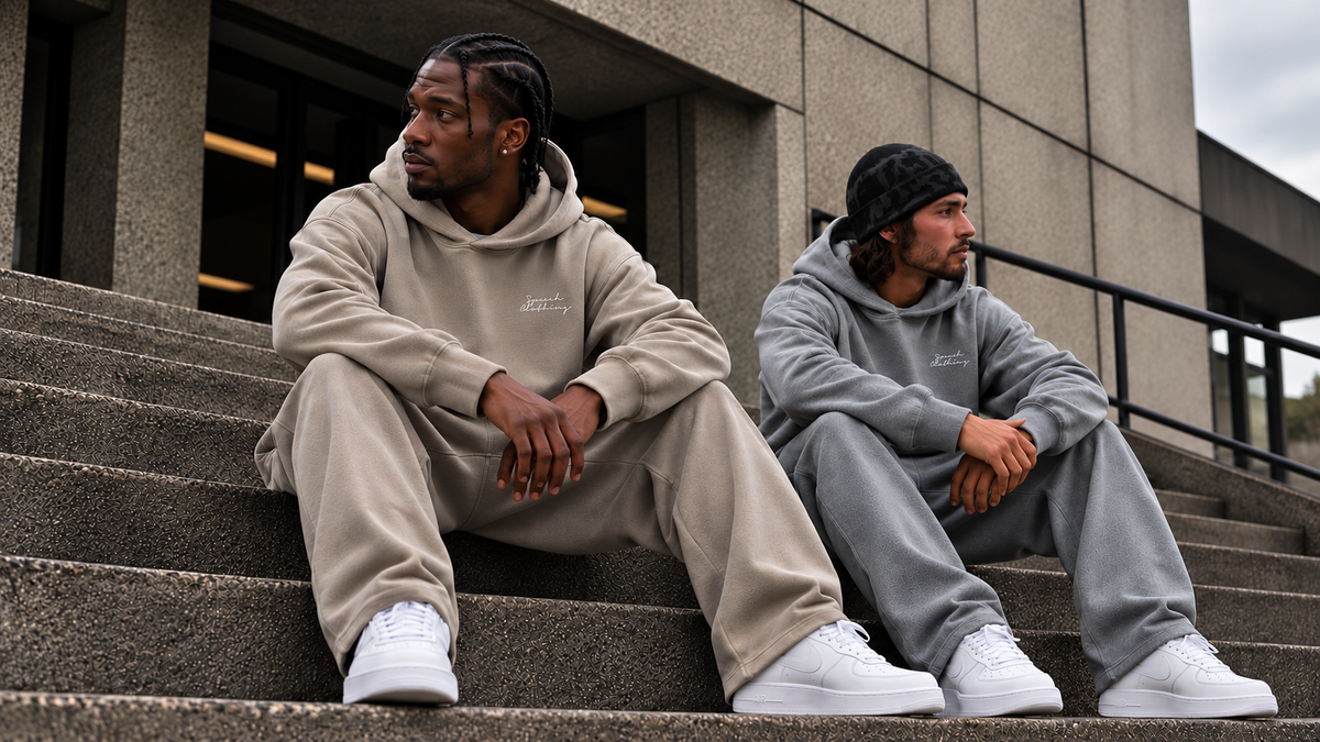 Two SPEECH CLOTHING models seated together; the younger model wears the NO ICE NEEDED heavyweight T-shirt