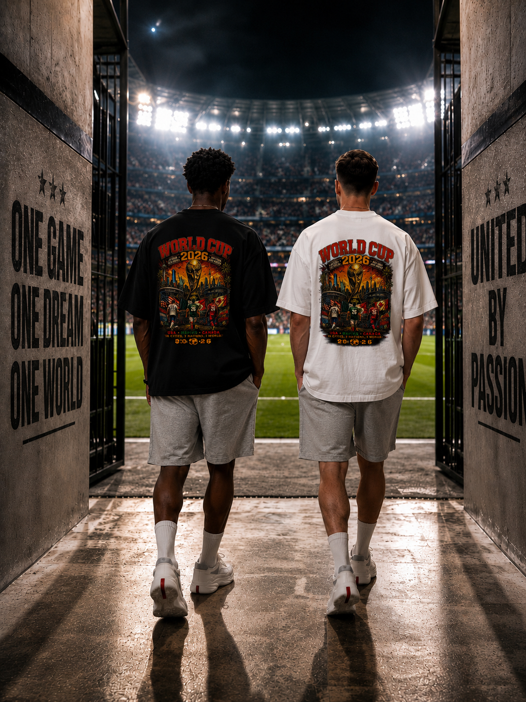 Two people wearing World Cup-themed t-shirts walking towards a stadium.