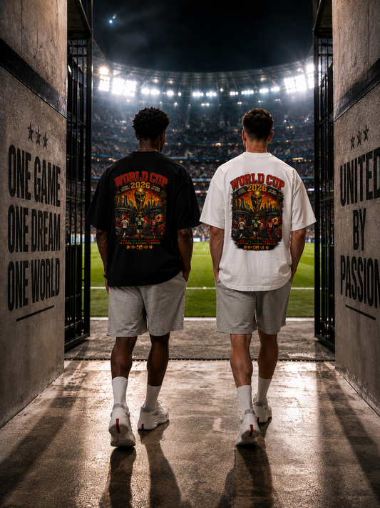 Two people wearing World Cup-themed t-shirts walking towards a stadium.