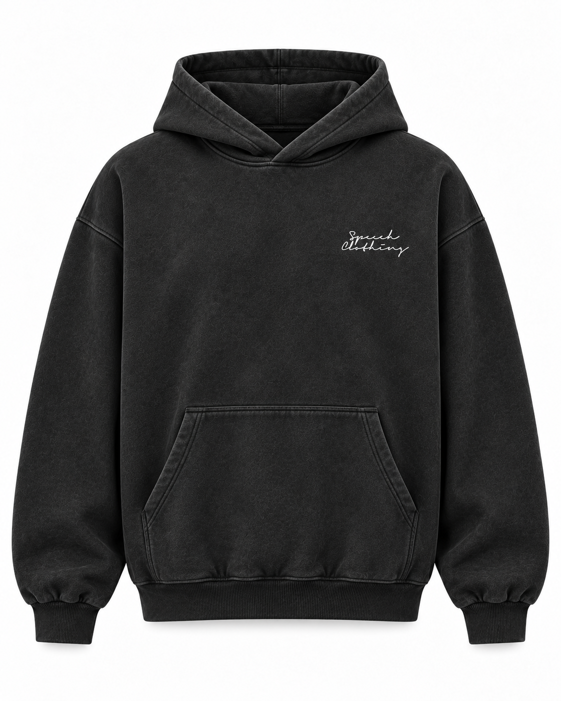 A washed black pullover hoodie with a small white cursive script logo on the left chest, displayed on a clean white background.