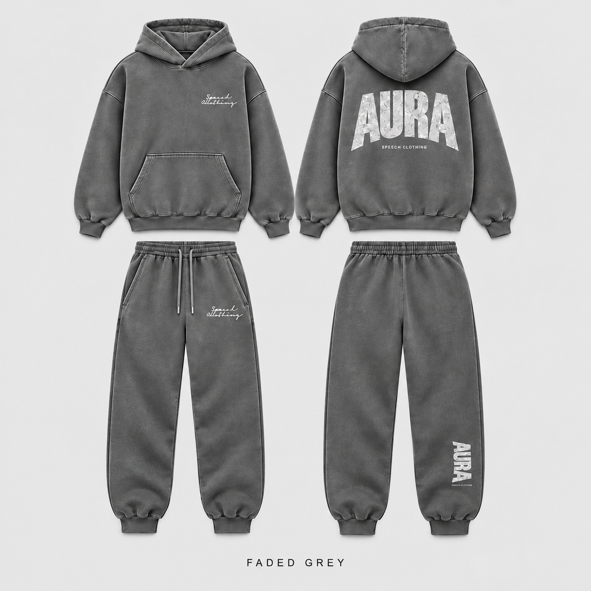 A faded grey two-piece tracksuit set shown from both front and back views, including a pullover hoodie and matching jogger pants, on a light gray background.