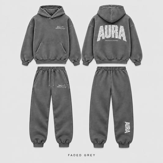 A faded grey two-piece tracksuit set shown from both front and back views, including a pullover hoodie and matching jogger pants, on a light gray background.