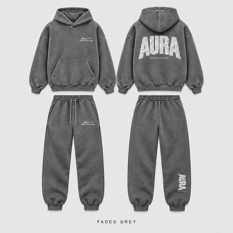 A faded grey two-piece tracksuit set shown from both front and back views, including a pullover hoodie and matching jogger pants, on a light gray background.