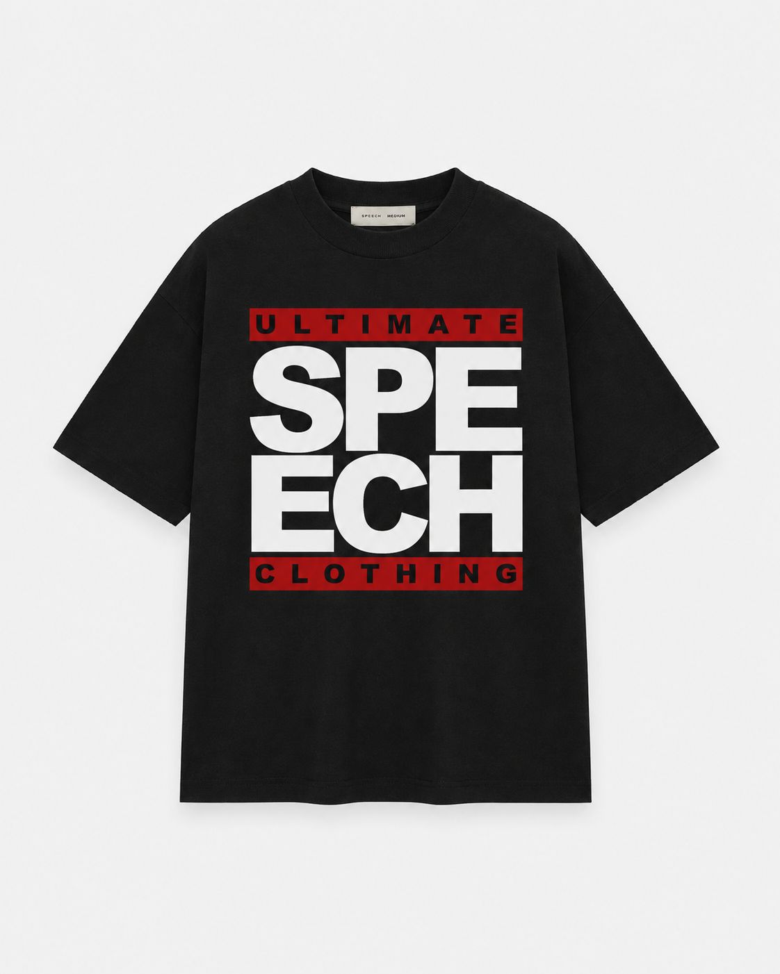 A black short-sleeve t-shirt with a bold graphic on the chest reading 'ULTIMATE SPEECH CLOTHING' in white and red block letters, displayed flat against a light gray background.