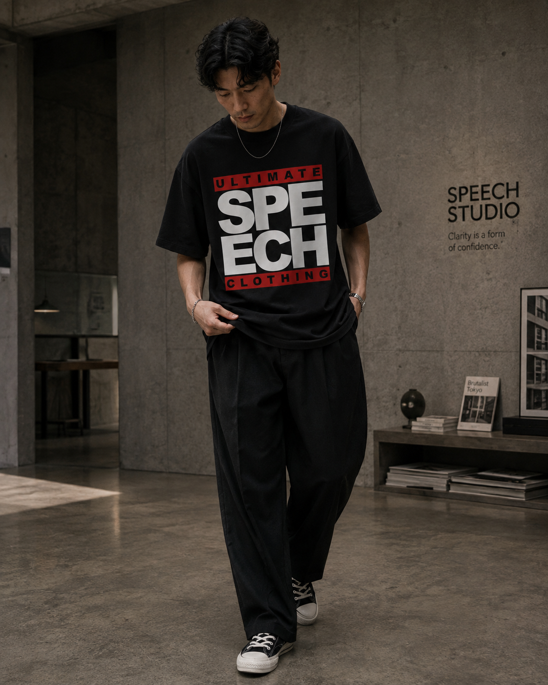 A man wearing a black graphic t-shirt with 'SPEECH CLOTHING' printed in white and red, paired with black pants and sneakers, walking in a modern concrete-walled room.