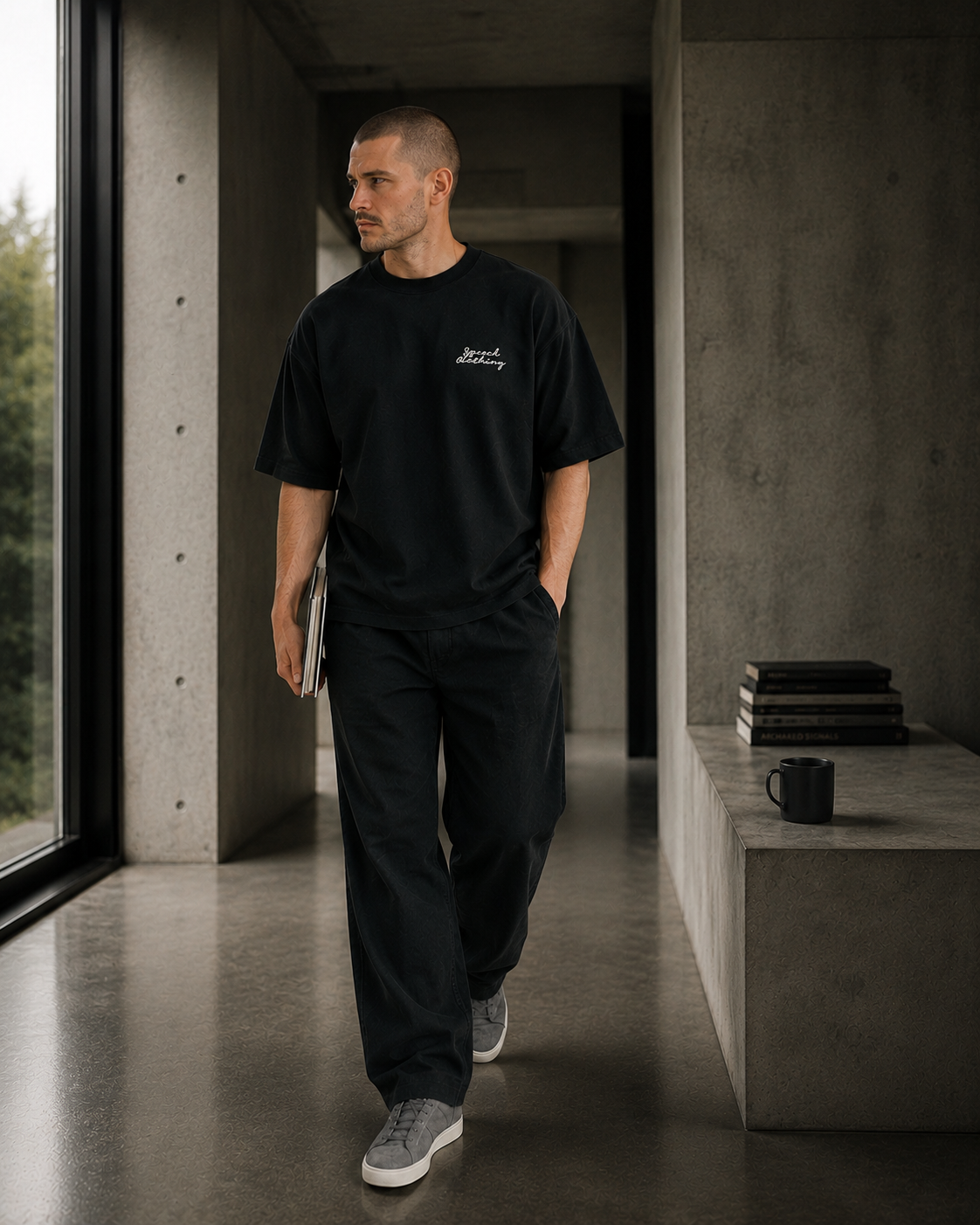 A man wearing a black t-shirt with a small white script logo on the chest and black sweatpants, walking in a modern concrete hallway.