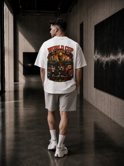 Man wearing a white t-shirt with a colorful graphic design in a modern hallway.