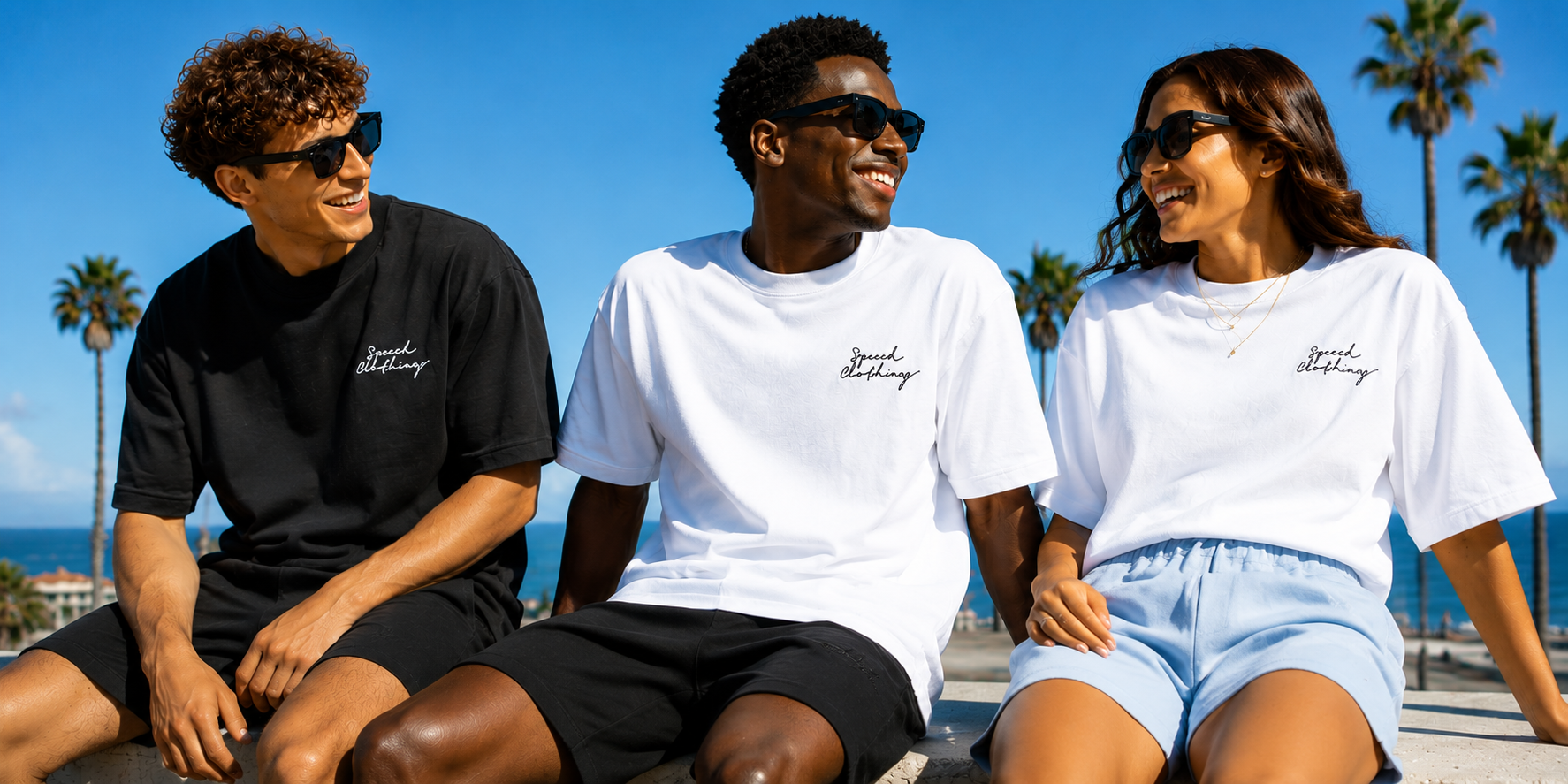 Three people sitting together wearing matching t-shirts with a logo, palm trees and ocean in the background.