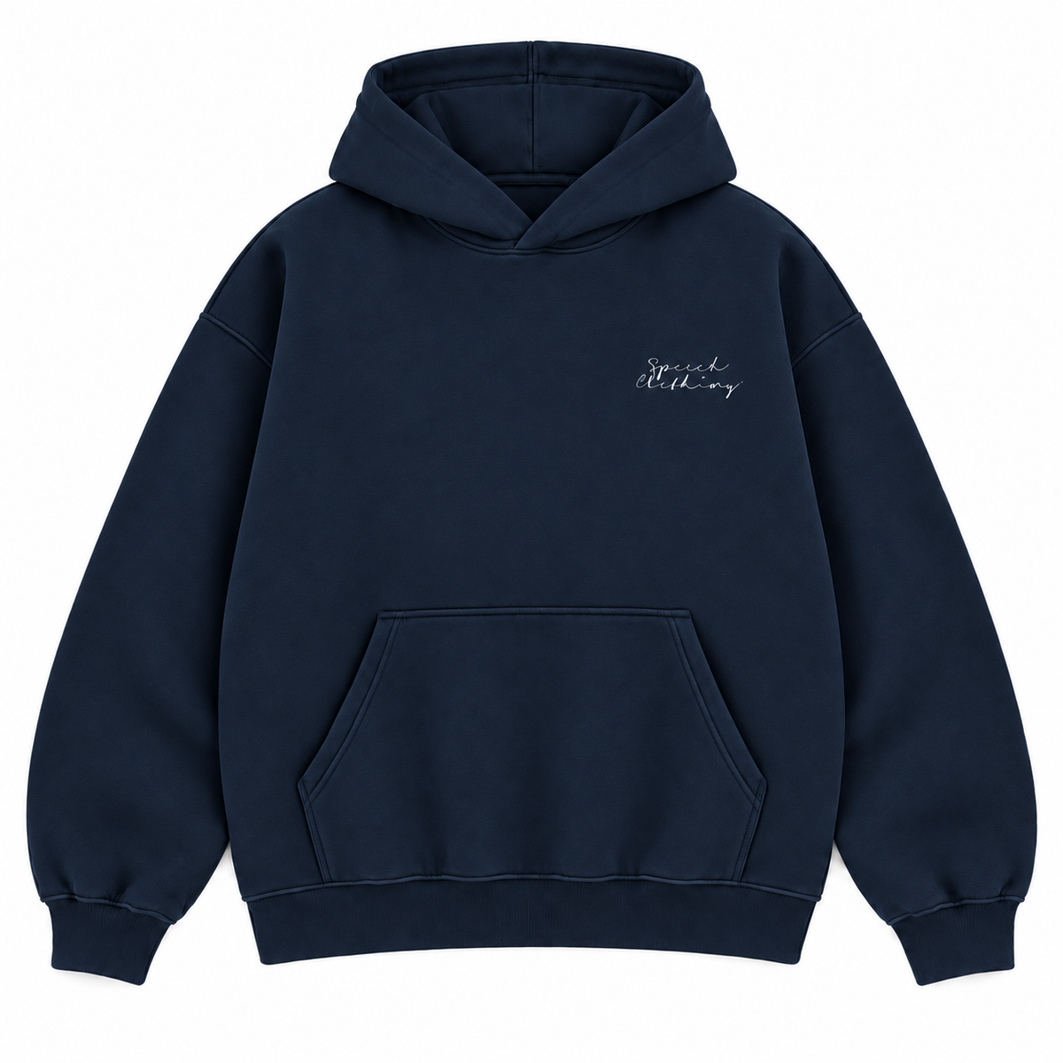 A dark navy blue pullover hoodie with a small white script logo on the left chest, displayed against a solid white background.