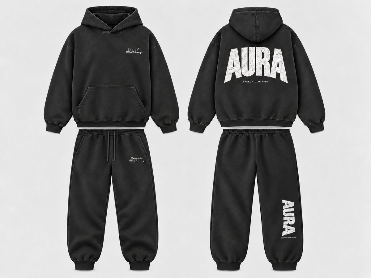 Black hooded sweatshirt and jogger pants set shown from front and back on a light gray background. The front has a small white script logo on the chest, and the back has large white 'AURA' text with smaller text underneath.