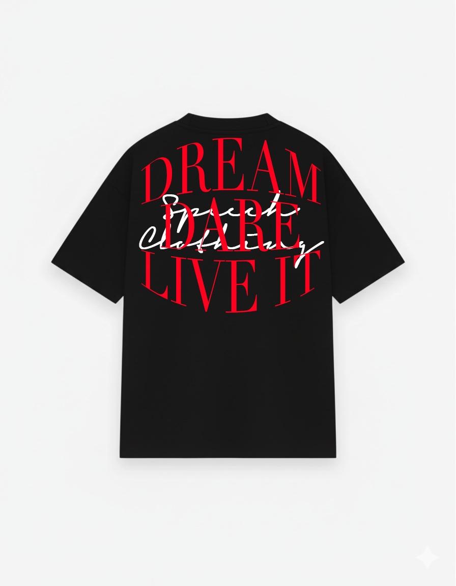 Black t-shirt with red text on a white background