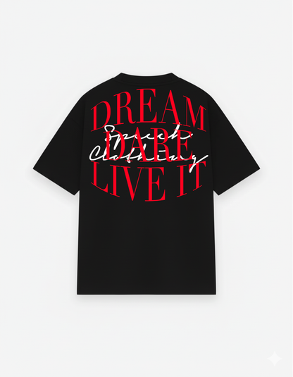 Black t-shirt with red text on a white background