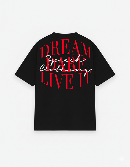 Black t-shirt with red text on a white background