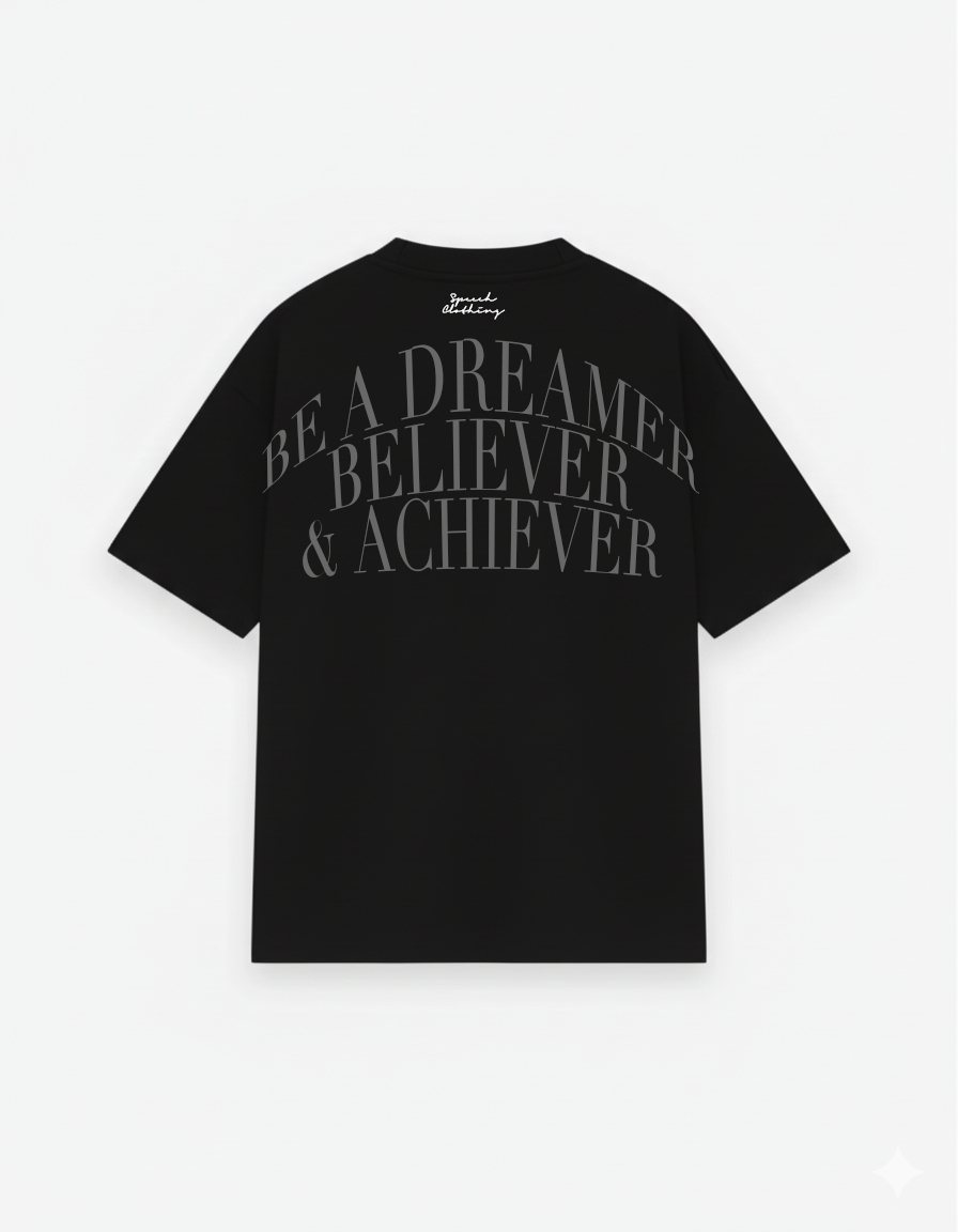 Black t-shirt with motivational text on a white background