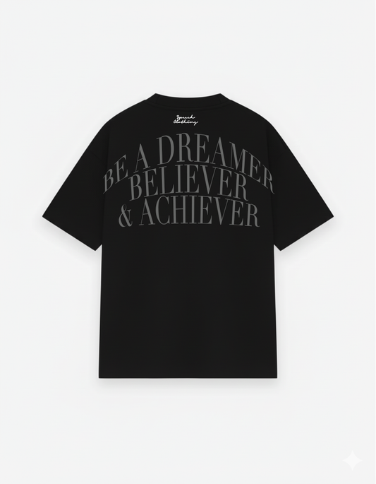 Black t-shirt with motivational text on a white background