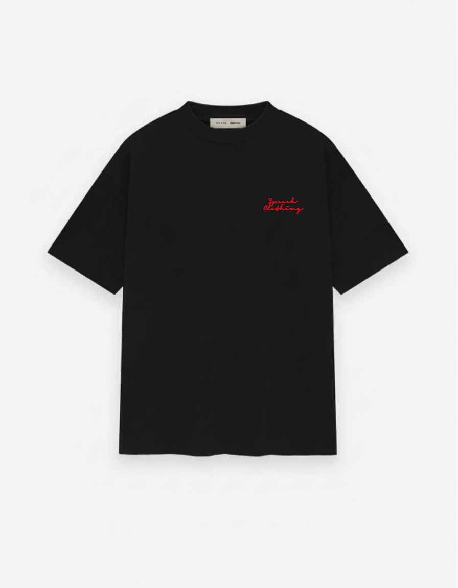 Black t-shirt with a red logo on a white background