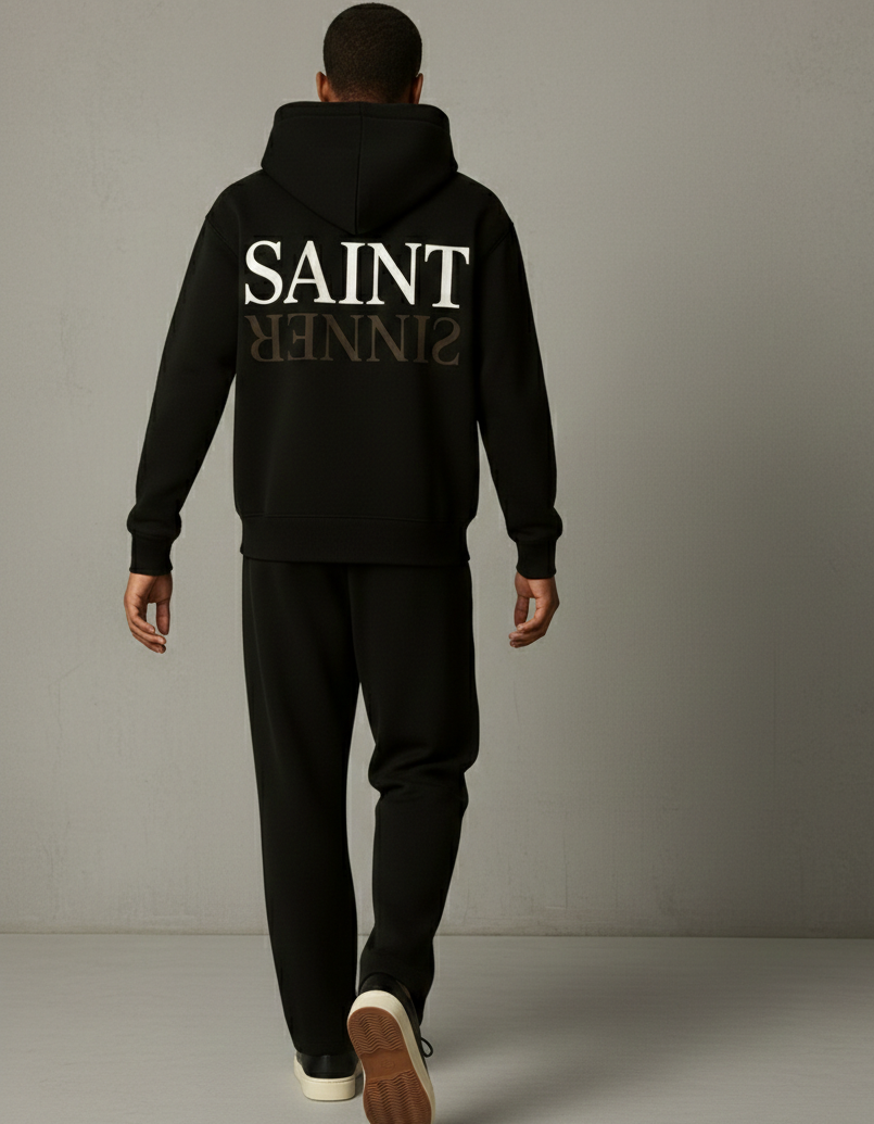 Person wearing a black hoodie with 'SAINT SINNER' text on the back against a gray background