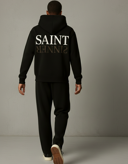 Person wearing a black hoodie with 'SAINT SINNER' text on the back against a gray background