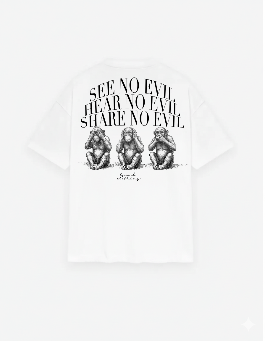 Three monkeys illustration with 'See no evil, hear no evil, share no evil' text on a white background.
