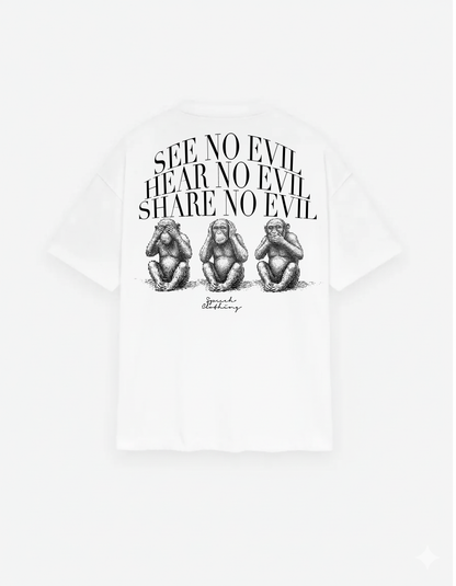Three monkeys illustration with 'See no evil, hear no evil, share no evil' text on a white background.
