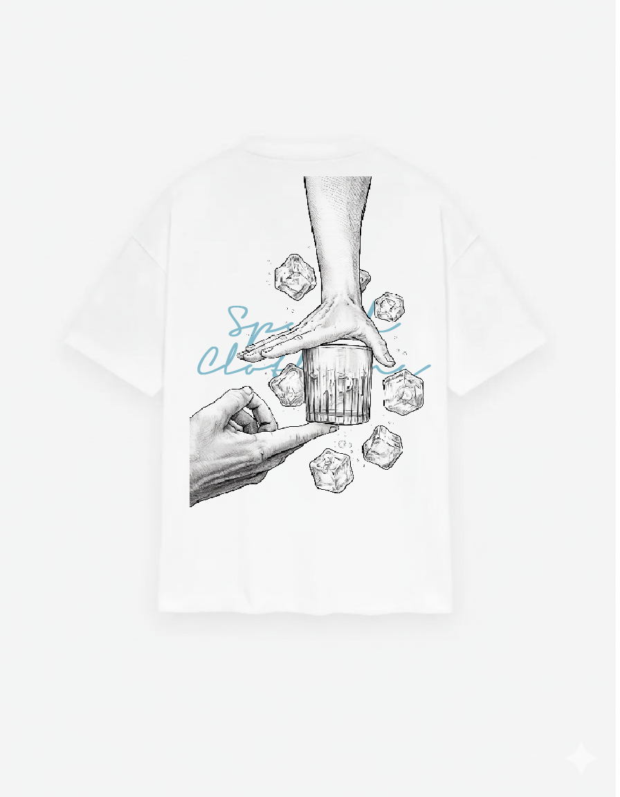 Illustration of a hand holding a glass with ice cubes on a white background