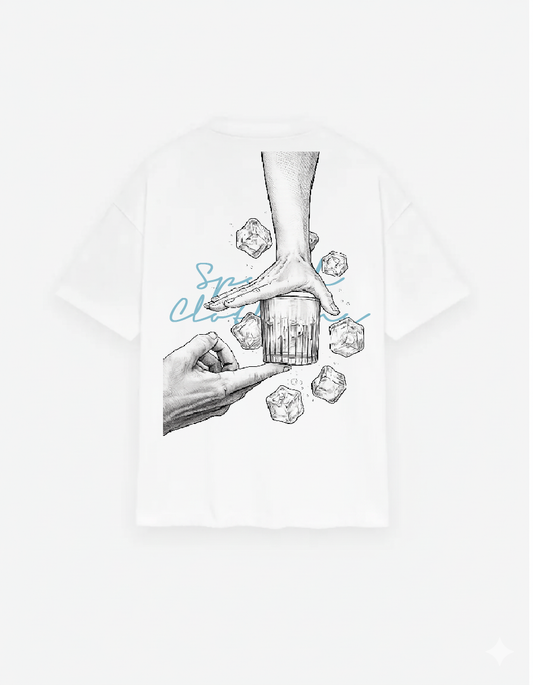 Illustration of a hand holding a glass with ice cubes on a white background