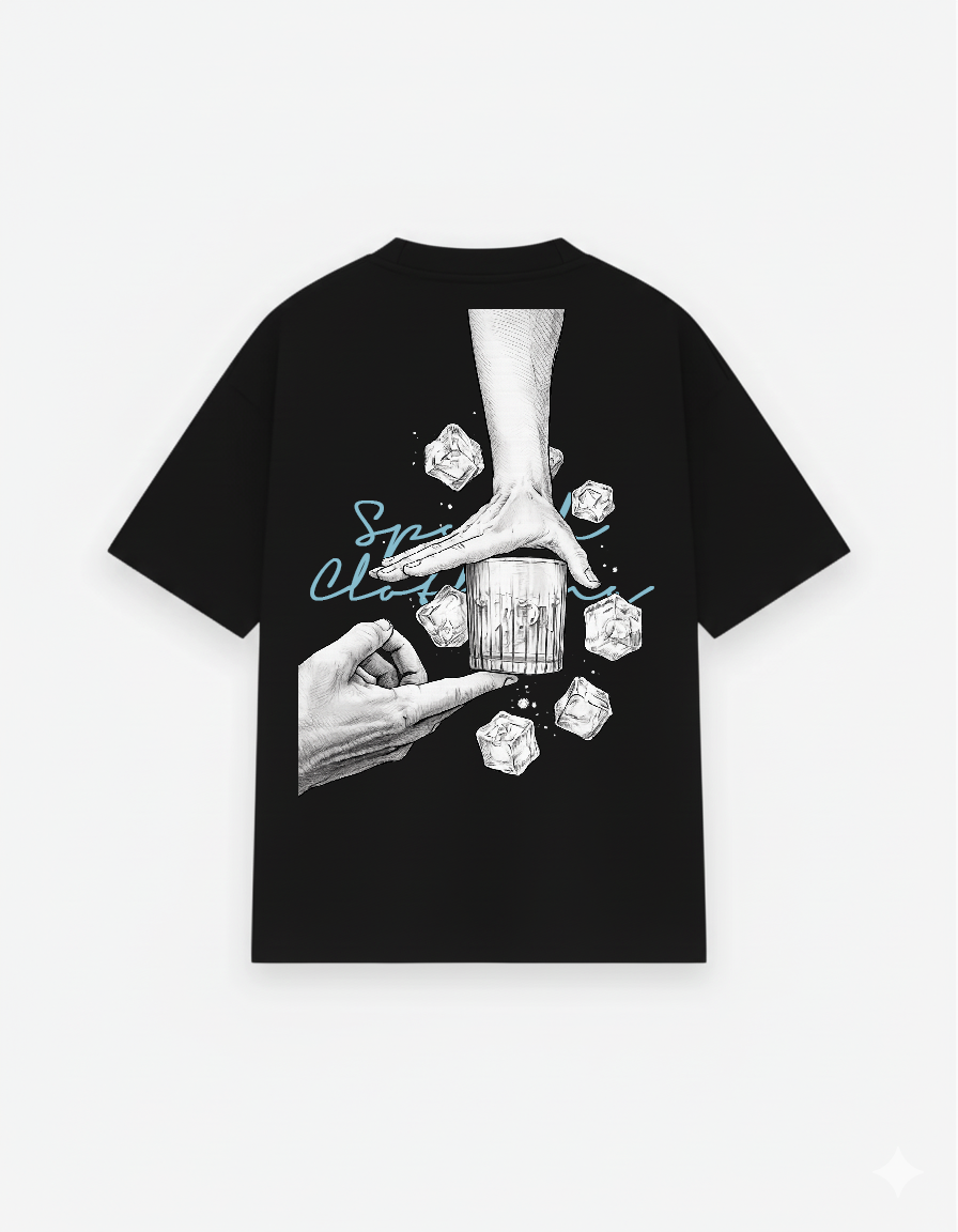 Black t-shirt with graphic design of hands and ice cubes on a white background