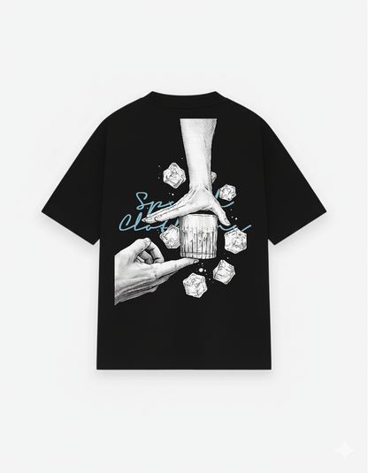 Black t-shirt with graphic design of hands and ice cubes on a white background