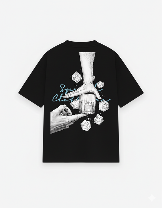 Black t-shirt with graphic design of hands and ice cubes on a white background