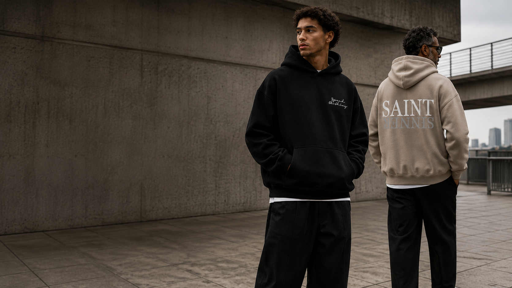 Two models standing outdoors in front of a concrete wall, showcasing Saintannis hoodies from the back and front. One model wears a black hoodie with a small white logo on the chest, and the other wears a beige hoodie showing the back with 'SAINTANNIS' printed in white and blue.