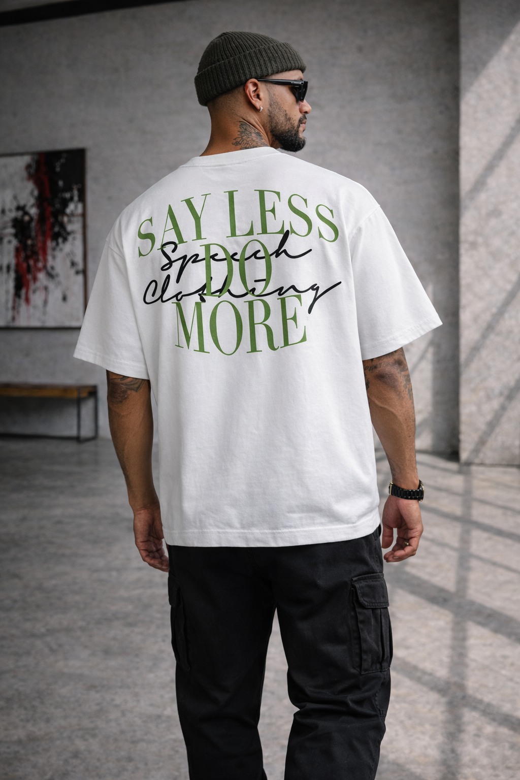 SAY LESS | 280 GSM heavyweight cotton · Oversized fit · Dropped shoulders