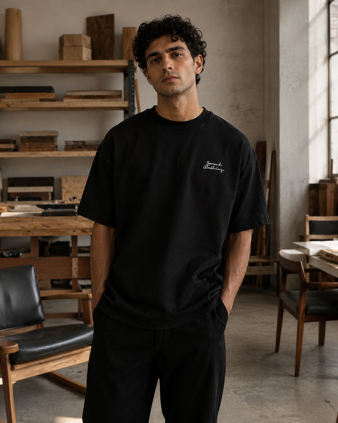 A man wearing a black crewneck t-shirt with a small white script logo on the left chest, standing in a rustic, sunlit workshop with wooden shelves and chairs.