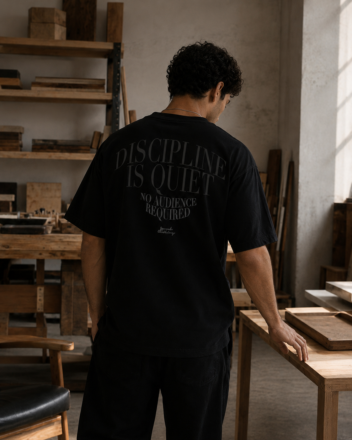 A man stands with his back to the camera in a rustic workshop, wearing a black t-shirt with the text 'DISCIPLINE IS QUIET NO AUDIENCE REQUIRED' printed in gray on the back.