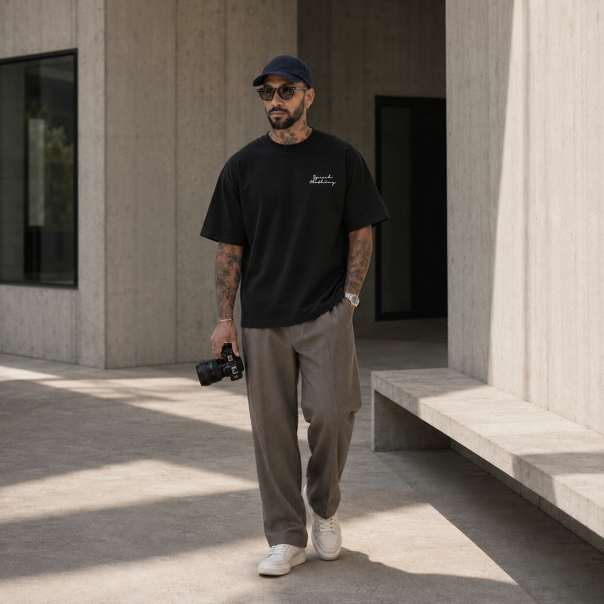 A man wearing a black crewneck t-shirt with a small white script logo on the chest, paired with beige trousers and white sneakers, walking outdoors in front of a concrete building while holding a camera.