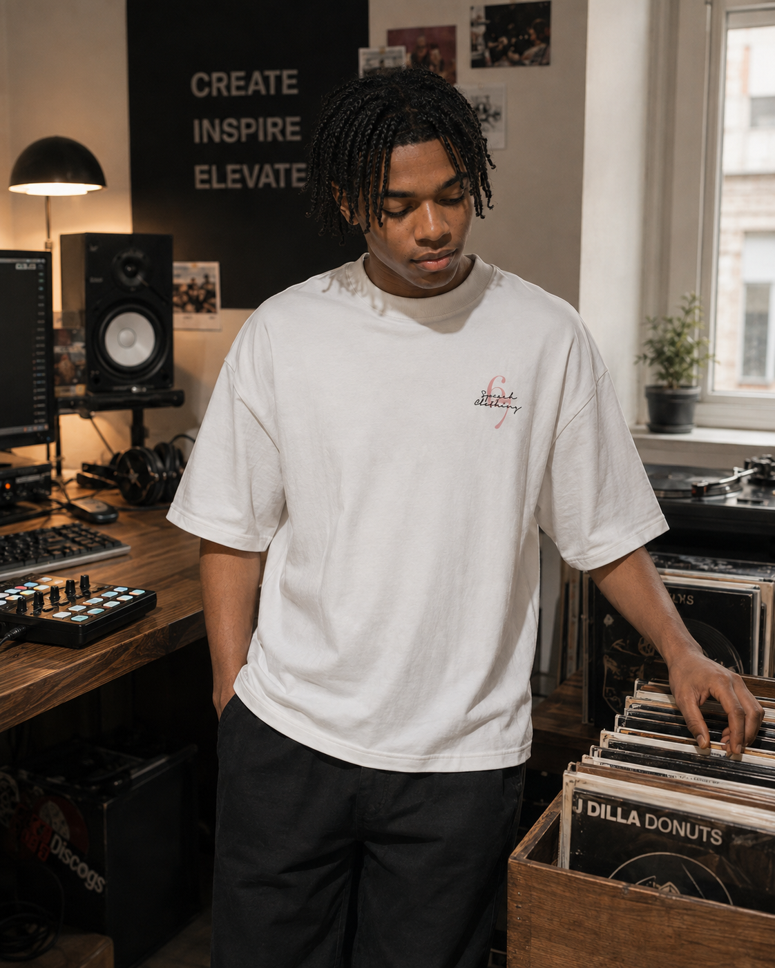 A man with black dreadlocks stands in a music studio wearing a white crewneck t-shirt with a small red and black graphic on the left chest, paired with black pants. He is reaching for vinyl records in a wooden crate next to him.