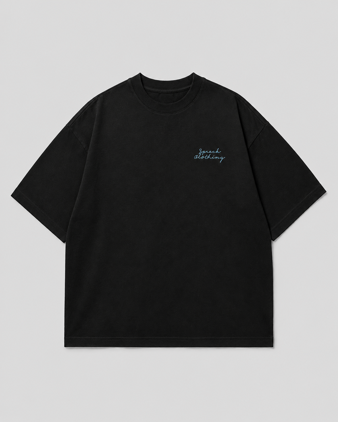 A black short-sleeve crewneck t-shirt with a small light blue embroidered logo on the left chest, displayed flat against a solid light gray background.