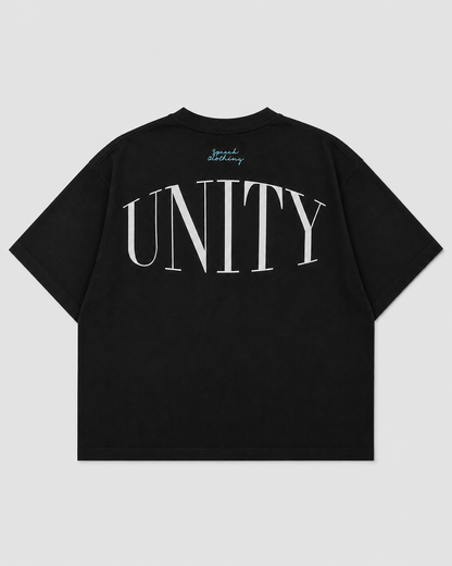 A black short-sleeve t-shirt shown from the back, featuring a large white 'UNITY' text graphic across the back with a small light blue script logo printed above it, set against a solid light gray background.