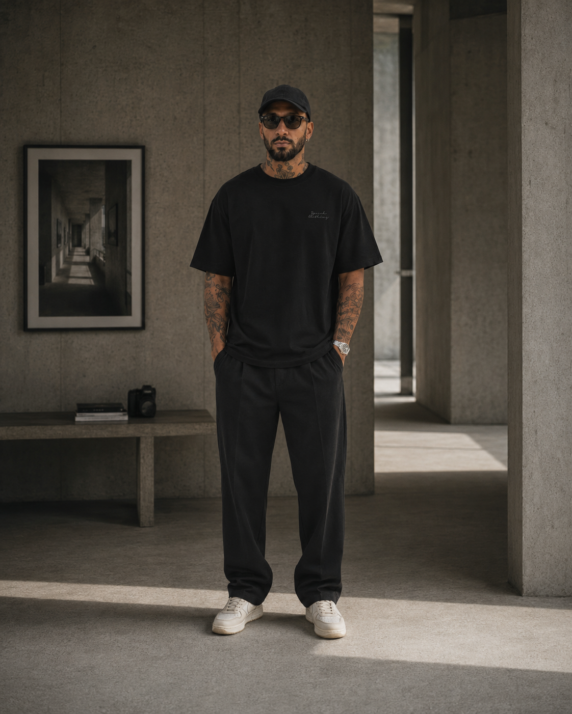 A man stands in a minimalist concrete hallway wearing a black crew-neck t-shirt with a small tonal logo on the left chest, matching black sweatpants, a black cap, sunglasses, and white sneakers.