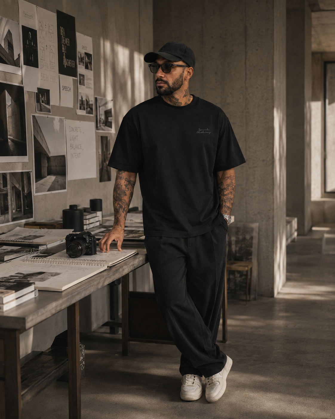A man wearing a black crewneck t-shirt, black sweatpants, a black baseball cap, and white sneakers stands in a modern, sunlit studio with concrete walls and a desk covered in books and cameras.