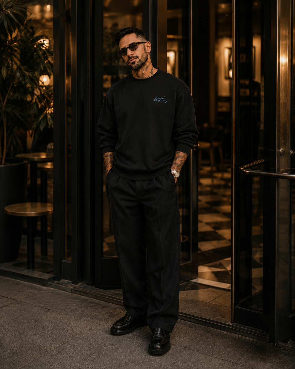 A man wearing a black crewneck sweatshirt with a small blue script logo on the left chest, paired with black sweatpants and black leather shoes, standing in front of a glass door at night.