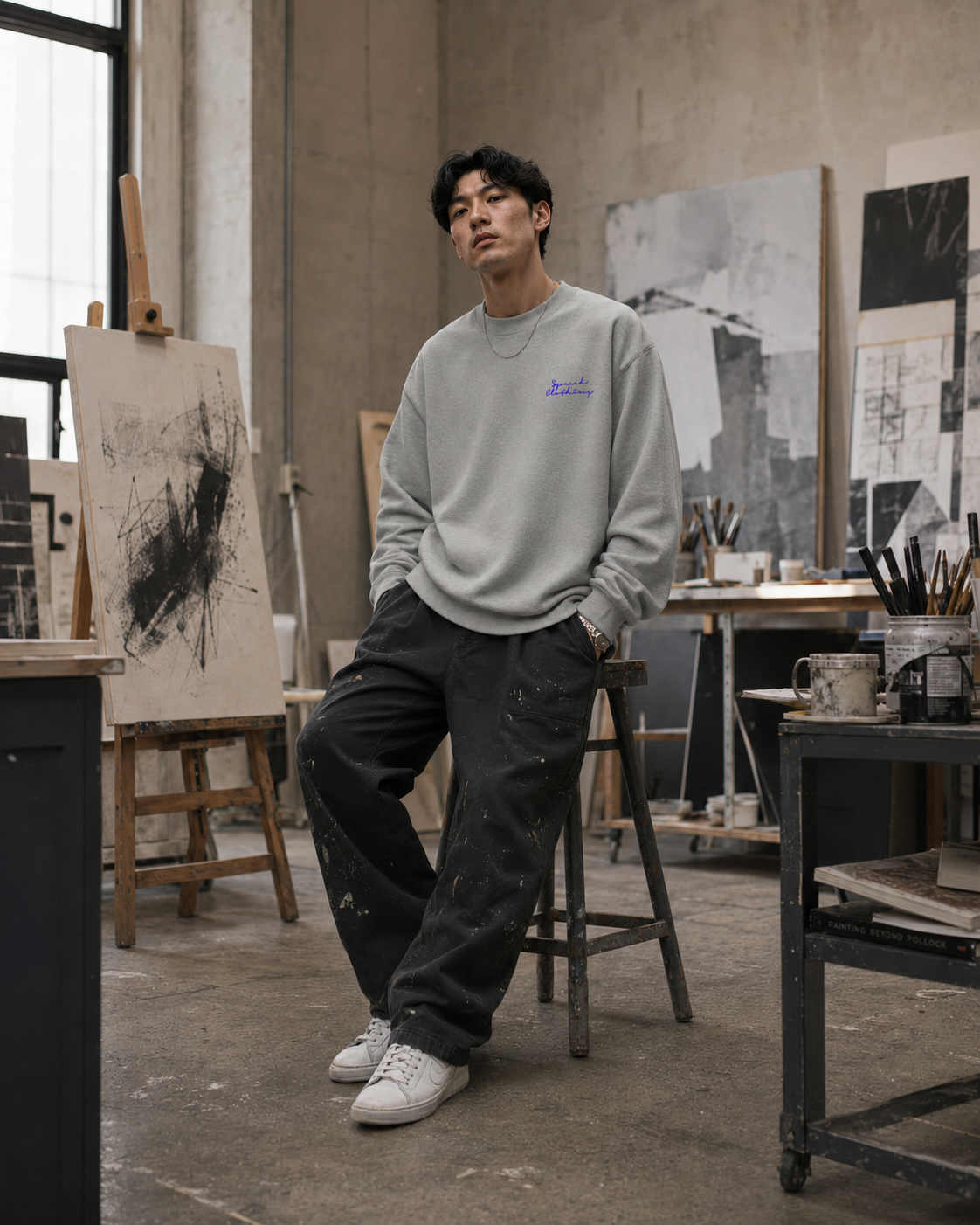 A man stands in a creative studio wearing a light gray crewneck sweatshirt with a small blue graphic on the chest, dark gray paint-splattered sweatpants, and white sneakers.