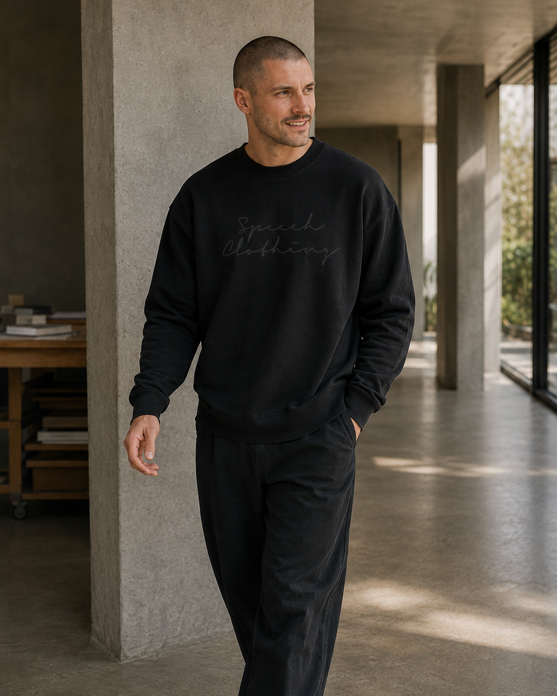 A man wearing a black crewneck sweatshirt with 'Speech Clothing' printed in black script on the chest, paired with matching black sweatpants, standing in a modern concrete-walled corridor.