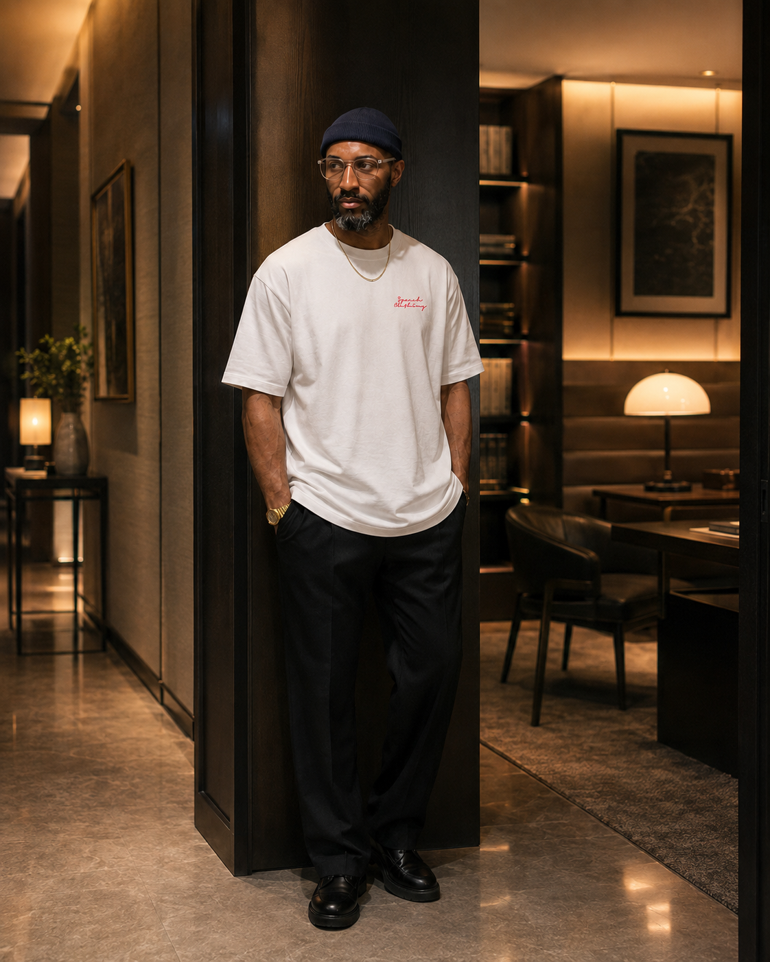 A man stands in a modern, dimly lit interior wearing a white crew-neck t-shirt with a small pink graphic on the left chest, black trousers, and black shoes. He is leaning against a dark wooden pillar in a stylish room with warm ambient lighting.