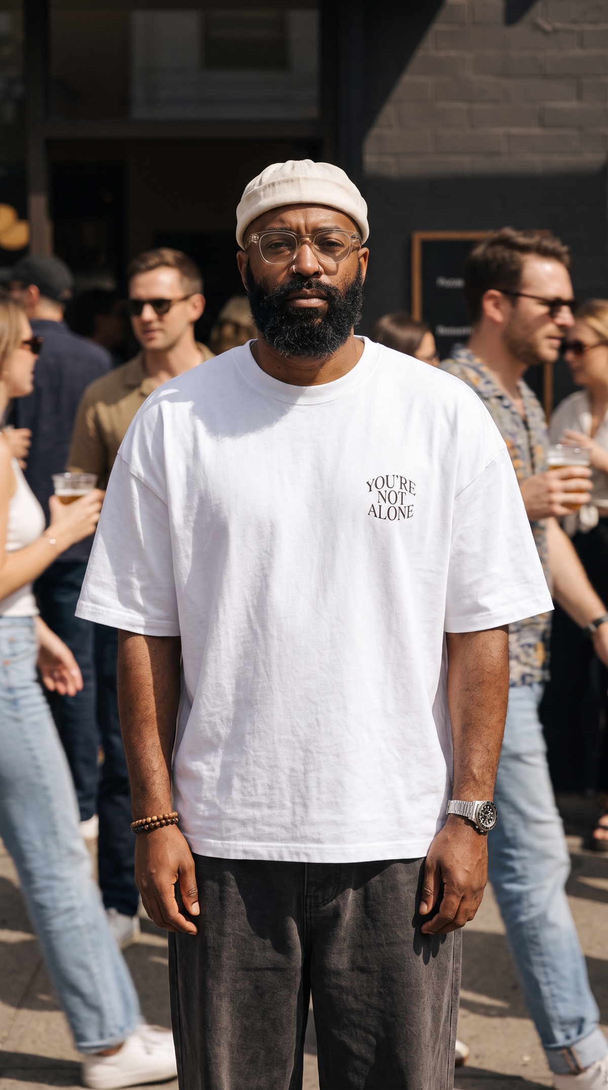 Model wearing the white NOT ALONE tee with a message on the chest